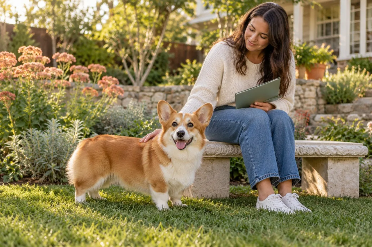 Owner sitting in a garden beside a short-legged dog